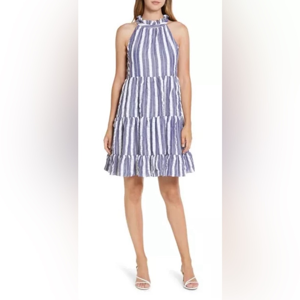 Eliza J Halter Tiered Popover Dress Women's Striped  Sleeveless Sz 4 NEW